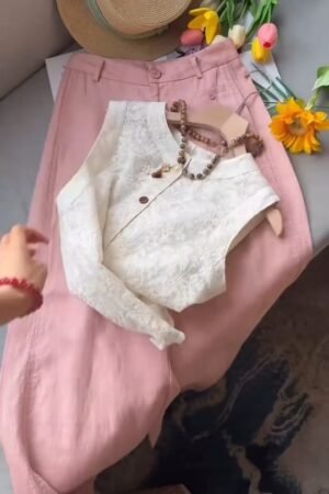 Chic Pastel Co-Ord Set with Sleeveless Lace Top