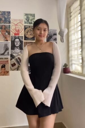 Black Strapless Mini Dress with White Shrug Sleeves