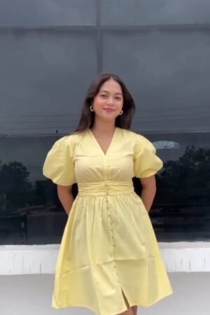 Lemon Yellow Puff Sleeve Button-Down Mini Dress