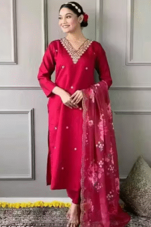 Elegant Red Embroidered Kurta Set with Dupatta