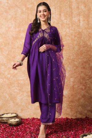 Royal Purple Embroidered Kurta Set with Dupatta