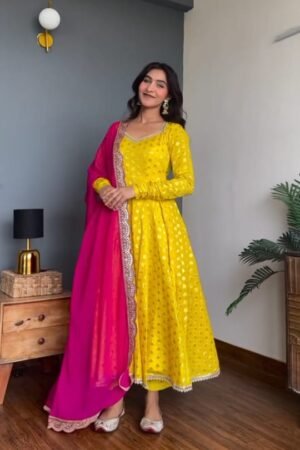 Yellow Anarkali Suit with Pink Dupatta