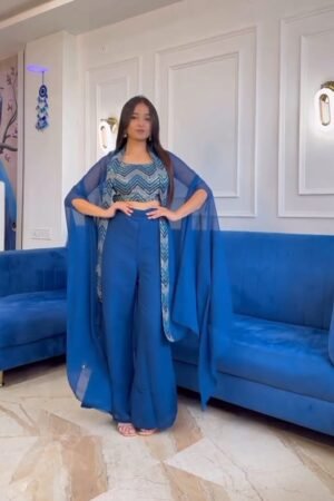 Elegant Blue Co-Ord Set with Cape