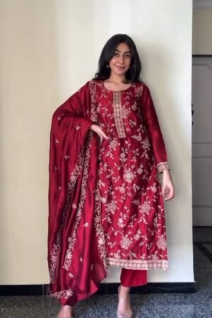 Maroon Embroidered Suit Set with Dupatta