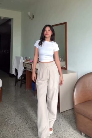 Beige High-Waist Wide-Leg Pants