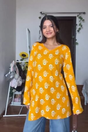 Bright Yellow Floral Printed Long Top