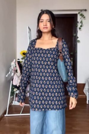 Stylish Navy Blue Floral Printed Long Top
