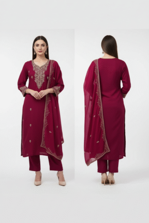 Women’s Embroidered Straight Kurta with Pants & Dupatta – Elegant Ethnic Ensemble