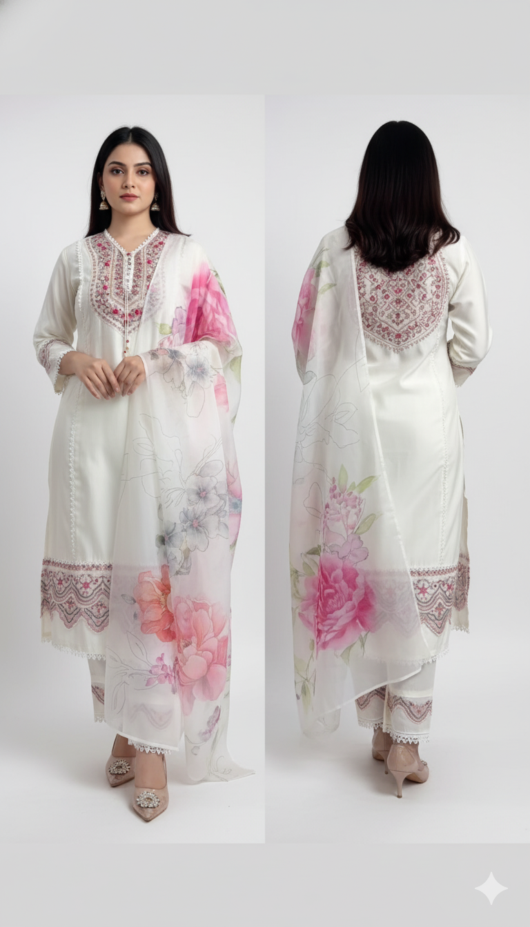 Ethnic Motifs Embroidered & Sequinned Pure Cotton Kurta with Palazzos & Dupatta – A Timeless Celebration of Elegance