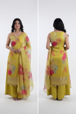 Floral Printed Regular Sequinned Pure Cotton Kurta with Palazzo & Dupatta – A Perfect Blend of Grace, Comfort, and Festive Charm