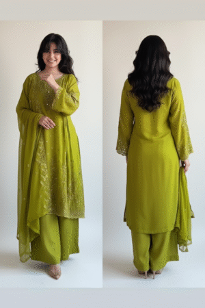 Women’s Pure Silk & Silk Blend A-Line Hand-Embroidered Kurti with Pant and Dupatta Set – Wedding Elegance Redefined