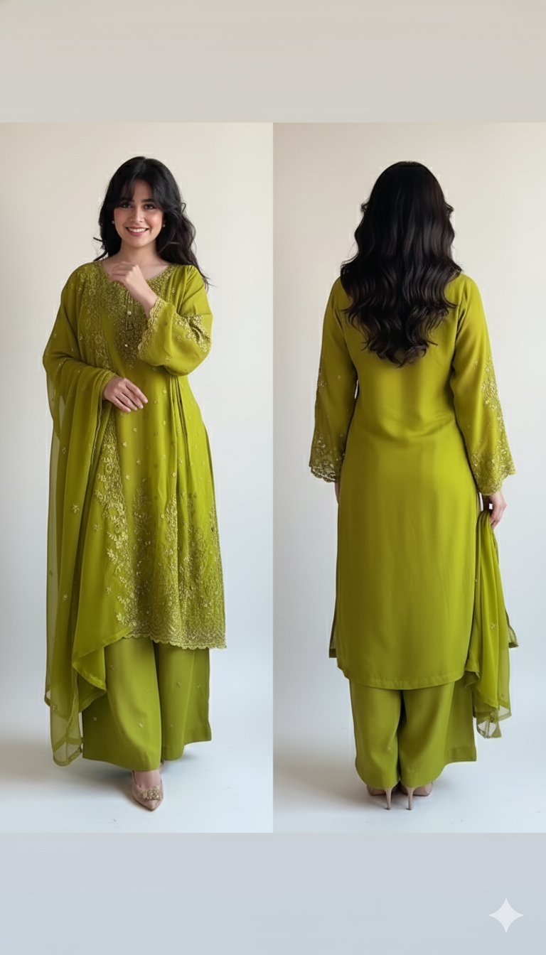 Women’s Pure Silk & Silk Blend A-Line Hand-Embroidered Kurti with Pant and Dupatta Set – Wedding Elegance Redefined