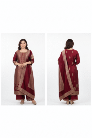 Polyester Wine Solid Straight Kurta Palazzo with Dupatta Set – Elegant Ethnic Ensemble