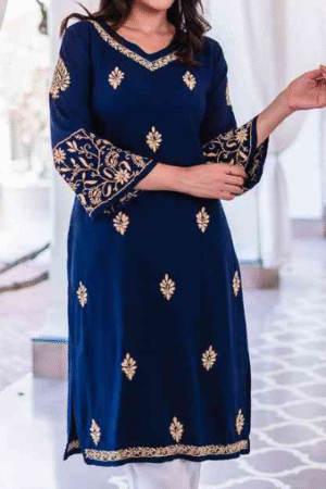 Navy Blue Embroidered Straight Kurta Set
