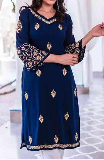 Navy Blue Embroidered Straight Kurta Set