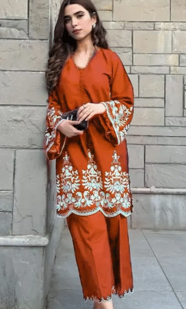 Rust Orange Embroidered Two-Piece Suit Set