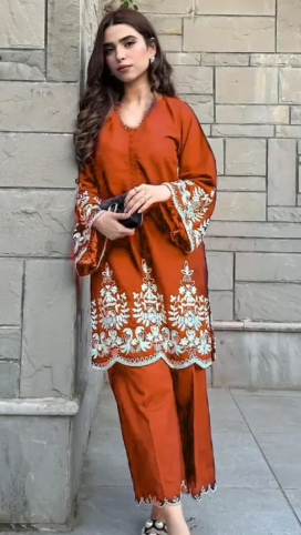 Rust Orange Embroidered Two-Piece Suit Set