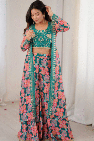 Floral Printed Green and Pink Indo-Western Lehenga Set