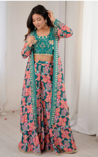 Floral Printed Green and Pink Indo-Western Lehenga Set