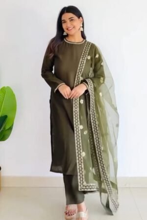 Olive Green Ethnic Suit Set with Embroidered Dupatta