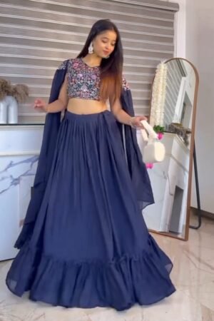 Navy Blue Embellished Crop Top Lehenga Set