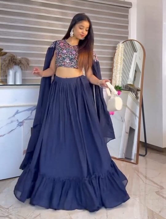 Navy Blue Embellished Crop Top Lehenga Set