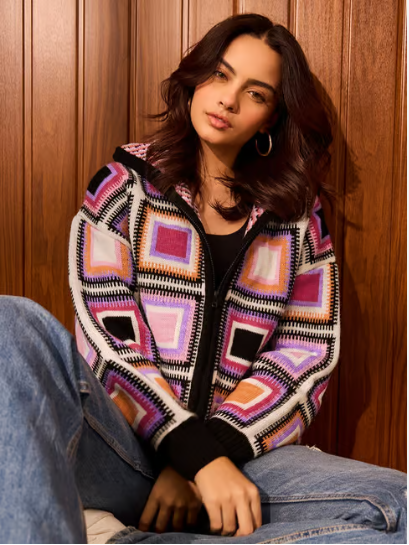 Retro Geometric Crochet Jacket Look