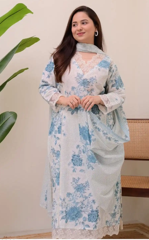 Soft Blue Floral Printed Lawn Suit