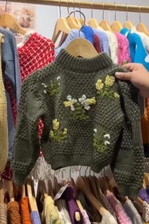 Olive Green Hand-Knitted Floral Sweater