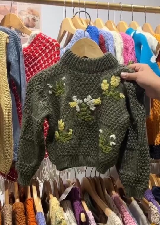 Olive Green Hand-Knitted Floral Sweater