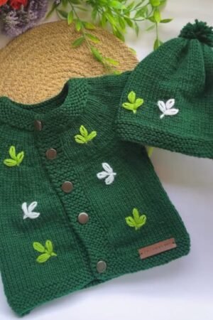 Hand-Knitted Green Baby Sweater and Hat Set