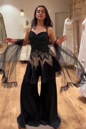 Woman Wearing Elegant Black Evening Dress