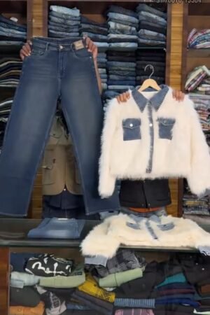 Trendy Denim & Faux Fur Jacket Winter Outfit Set