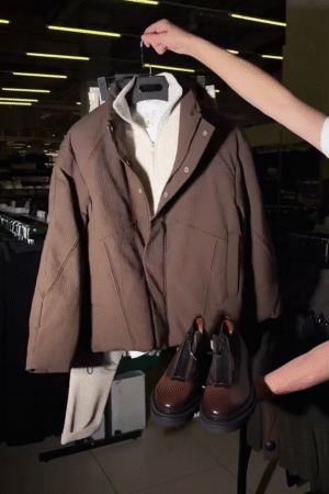 Men?s Brown Oversized Mini Knitted Puffer Jacket ? Detachable Hood & Textured Comfort