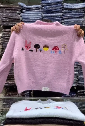 Pink Kids Knit Sweater with Cute Forest & Mushroom Design