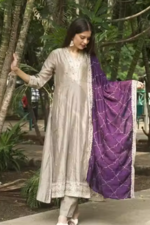 Beige Anarkali Suit with Purple Printed Dupatta