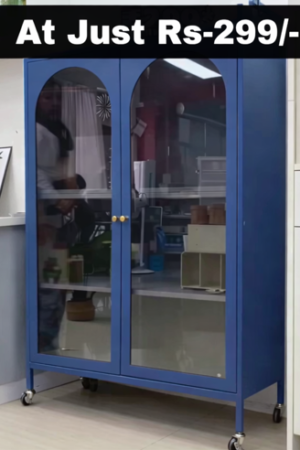 Modern 2-Door Glass Storage Cabinet with Wheels – Stylish Metal Display Wardrobe for Home & Office