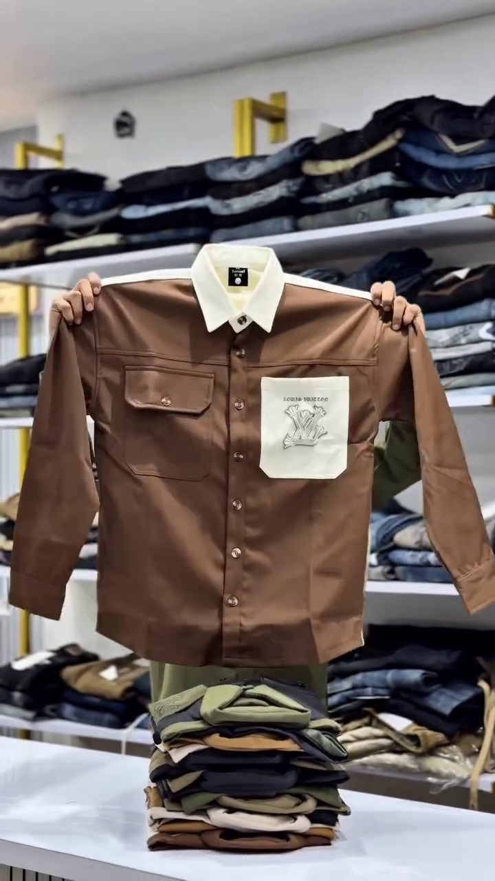 Men Casual Brown V-Shaped Front Yoke Shirt