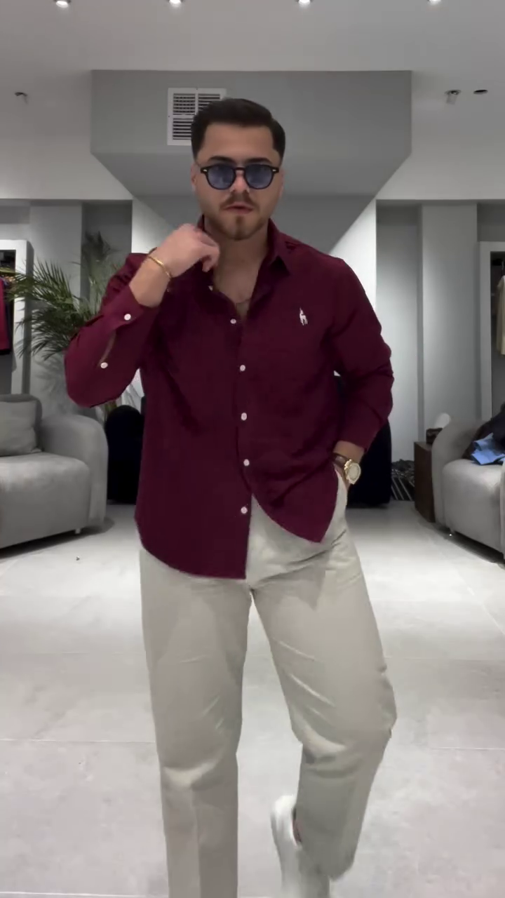 Men Red Stretchy Twill Shirt