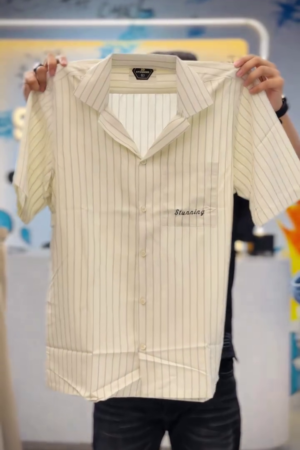 Vertical Striped Cuban Collar Drop-Shoulder Sleeves Boxy Fit Casual Shirt