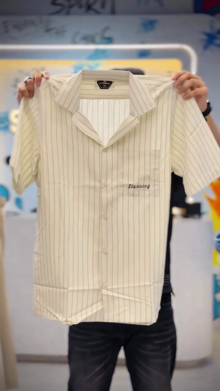 Vertical Striped Cuban Collar Drop-Shoulder Sleeves Boxy Fit Casual Shirt