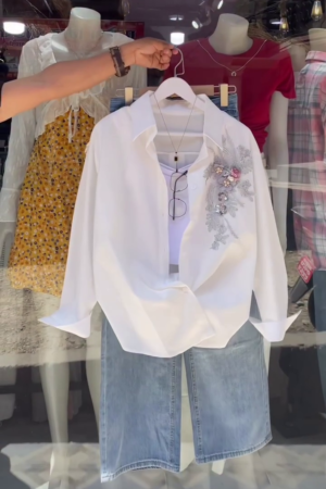 Women's White Shirt Turn-Down Collar Cotton Embroidery Flower Top Button Decor Long Sleeve Blouse Loose Fit