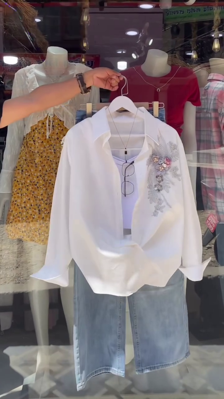 Women's White Shirt Turn-Down Collar Cotton Embroidery Flower Top Button Decor Long Sleeve Blouse Loose Fit - Image 4